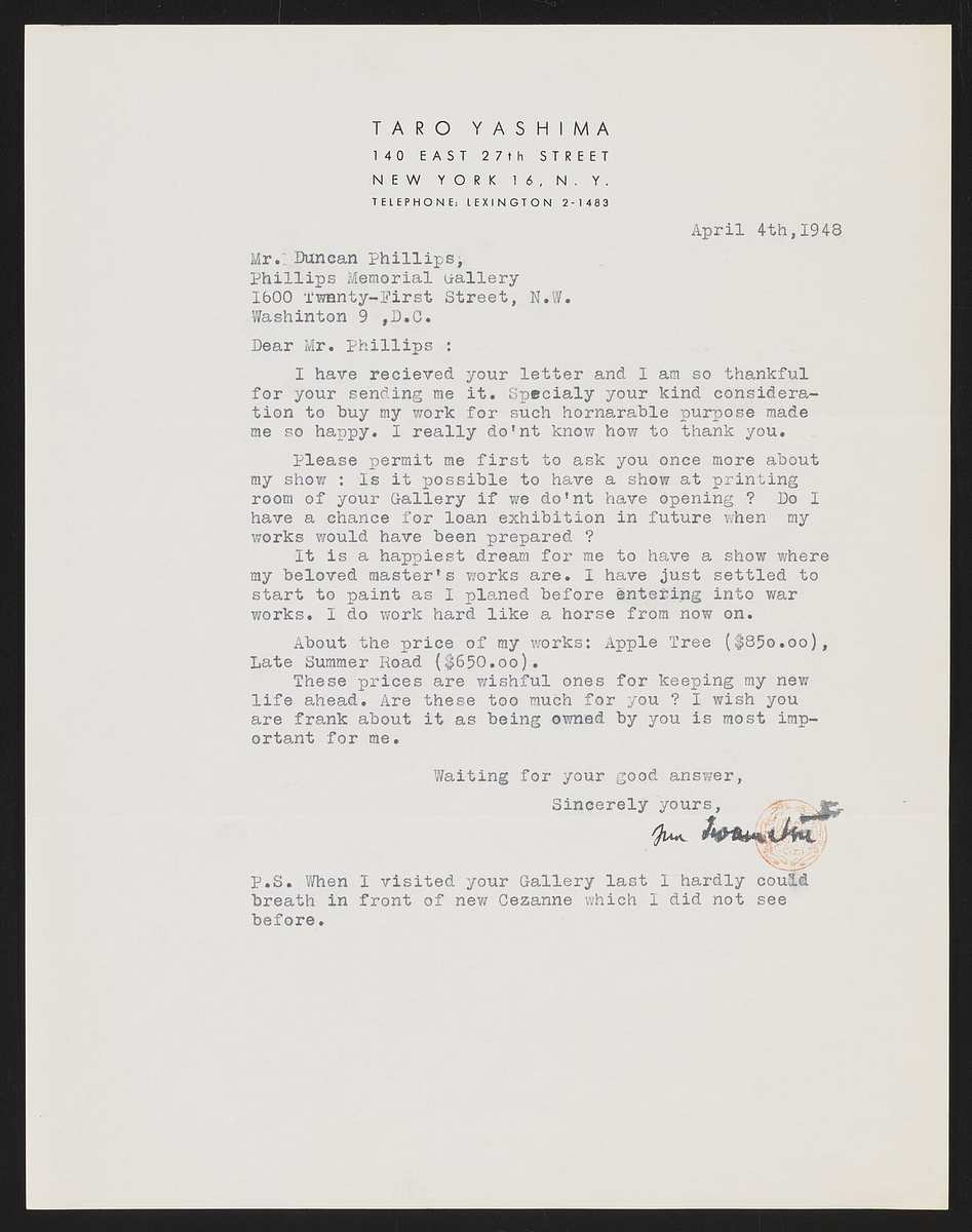 Archival letter from Taro Yashima to Duncan Phillips,&nbsp; April 4, 1948